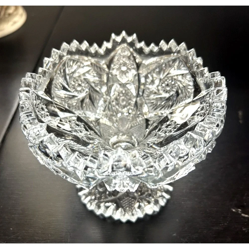 Vintage Brilliant Cut Glass Pedestal Compote Bowl Hobstar Sawtooth Edge 4.75